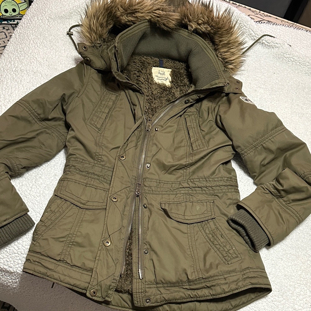 American Eagle Olive Green Fur-Lined Parka Jacket